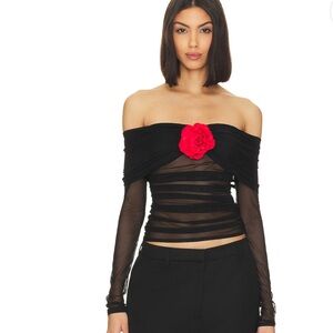 Elegant Black Off-Shoulder Top with Red Rose Accent & Ruched mesh fabric overlay